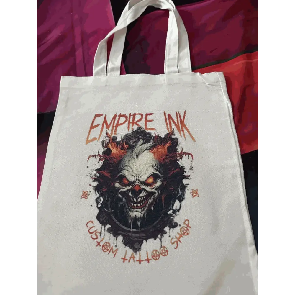 Custom printed tote bag with vivid sublimation design featuring a tattoo shop theme.
