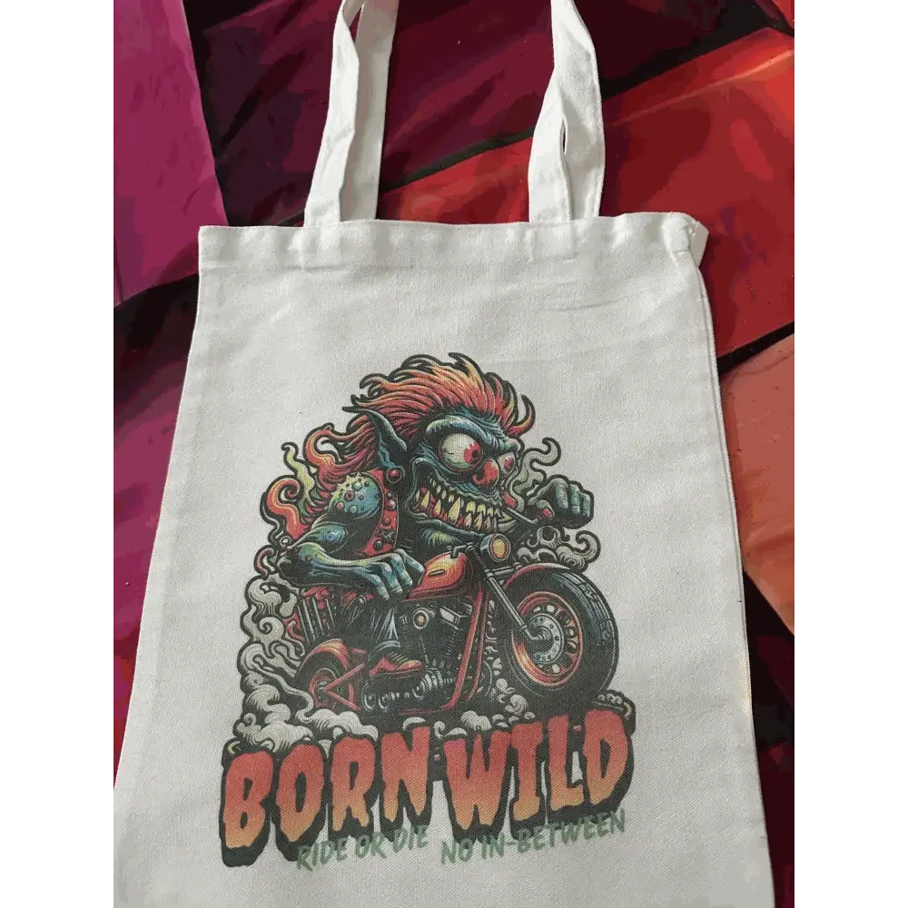 Custom printed tote bag with vibrant, full-color design featuring "Born Wild" graphic on durable polyester.