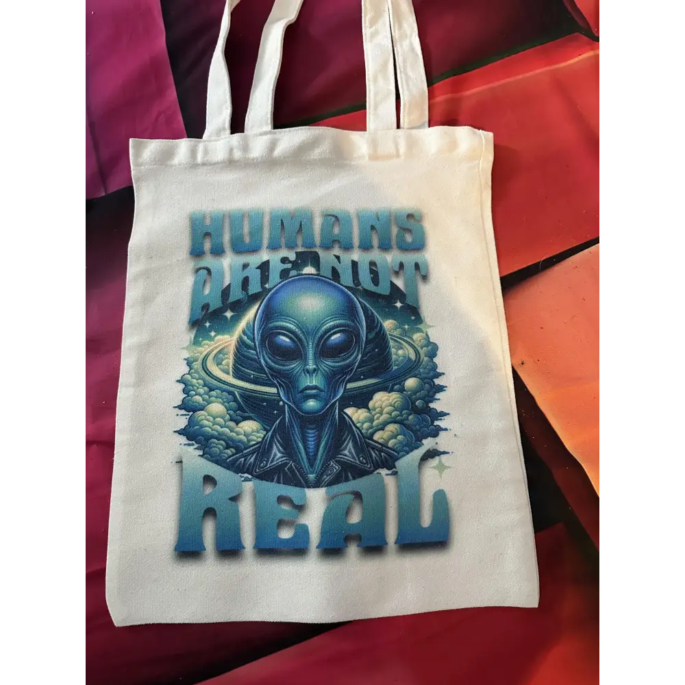 custom sublimation totes - alien human not real - totes