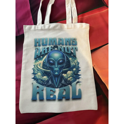 custom sublimation totes - alien human not real - totes