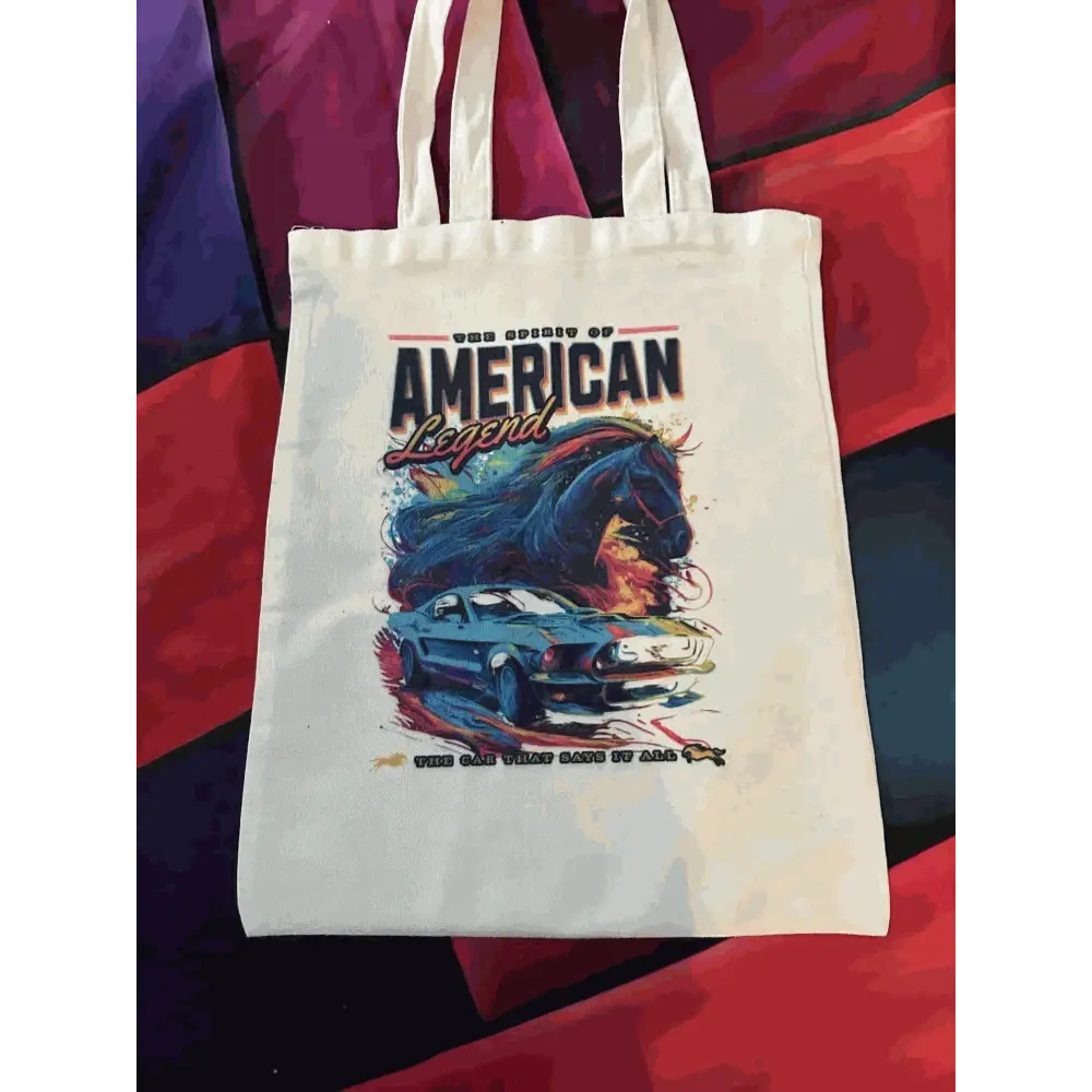 Custom printed tote bag with vibrant American legend design, featuring a horse and car on durable polyester fabric.