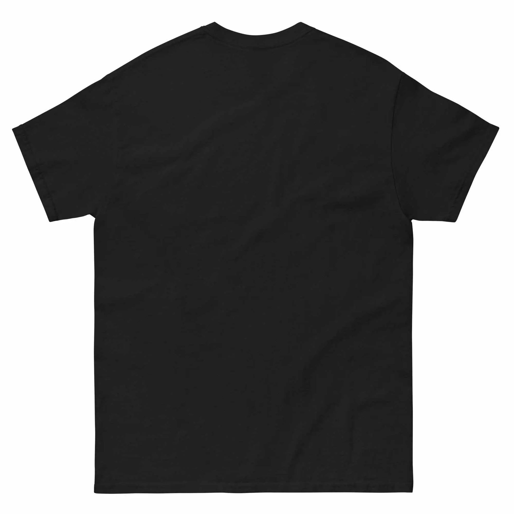 Unisex custom graphic tee in black, 100% cotton, back view.