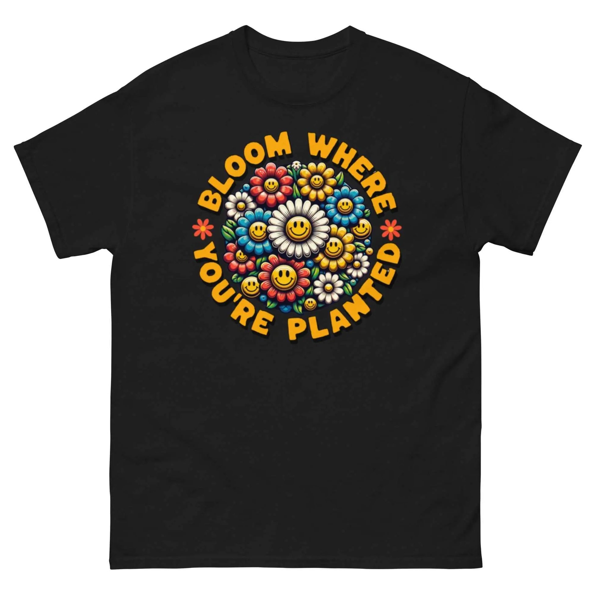 Bold custom graphic tee with inspirational "bloom" design in vibrant colors, perfect for streetwear outfits.