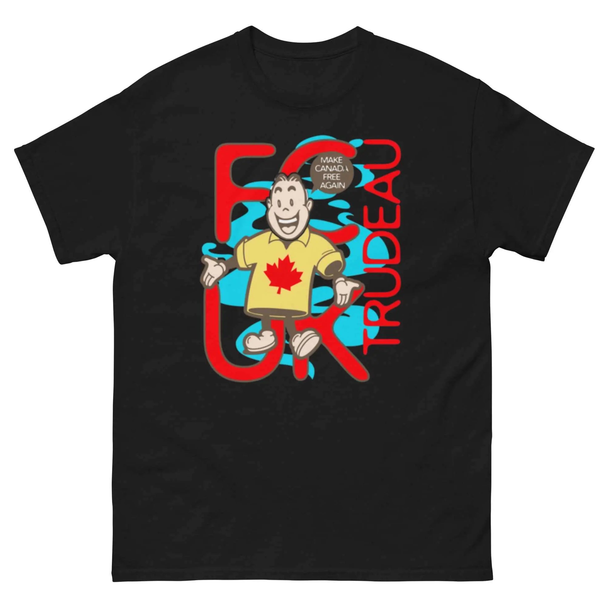 Bold, stylish custom graphic tee with humorous "f trudeau" design, black color, 100% cotton.