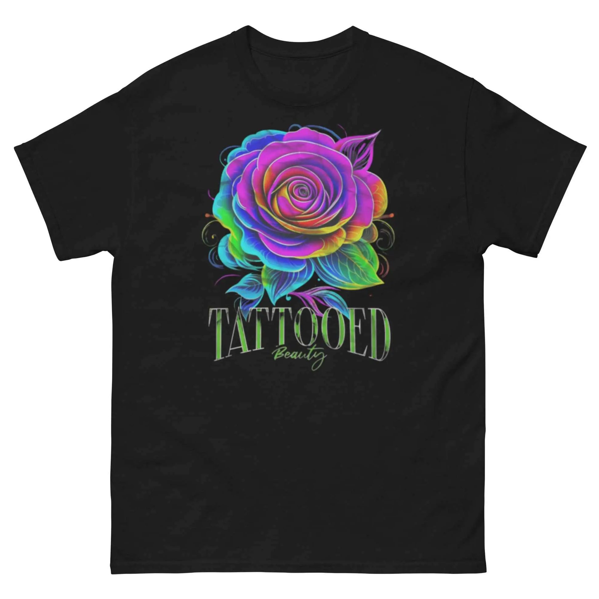 Unisex custom graphic tee with vibrant rose design and "Tattooed Beauty" text.