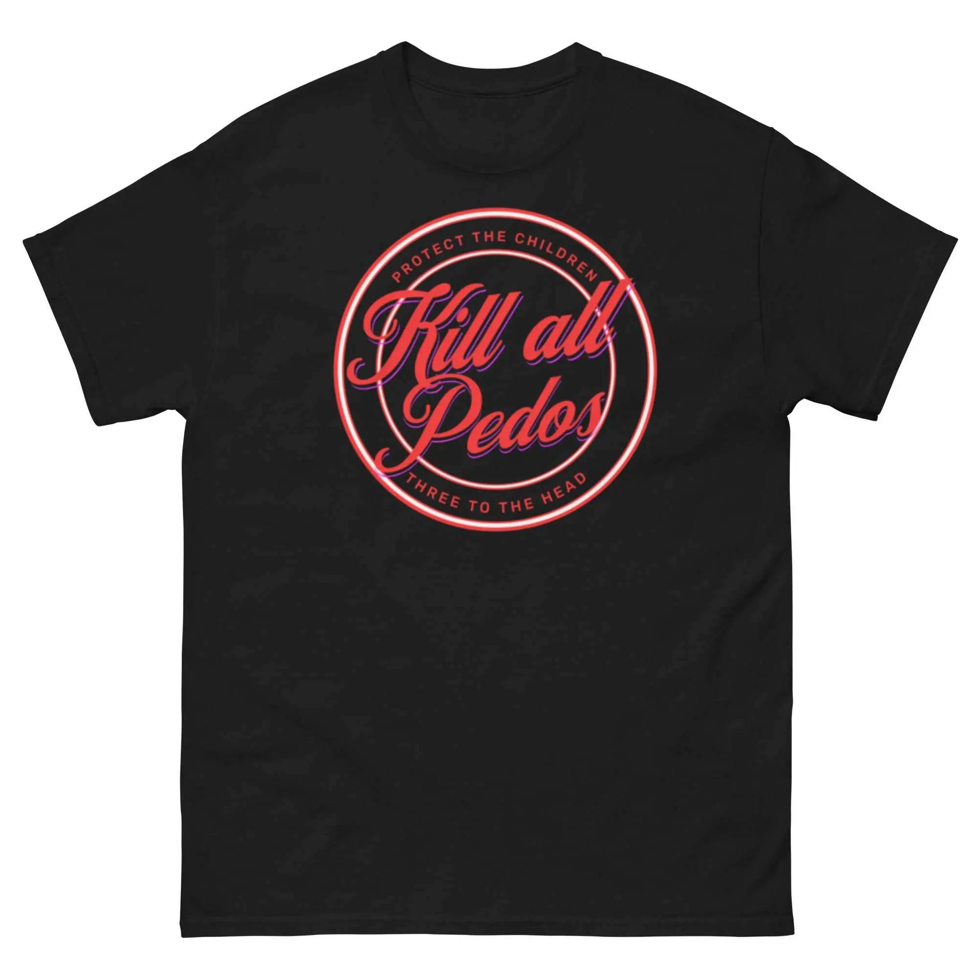 Bold black custom graphic tee with red typography and circular design featuring protective theme.