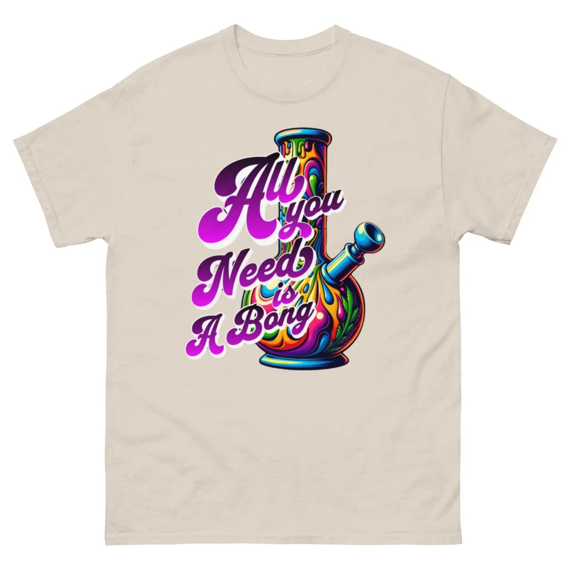 Bold, stylish custom graphic tee featuring vibrant "All you need is a bong" design.
