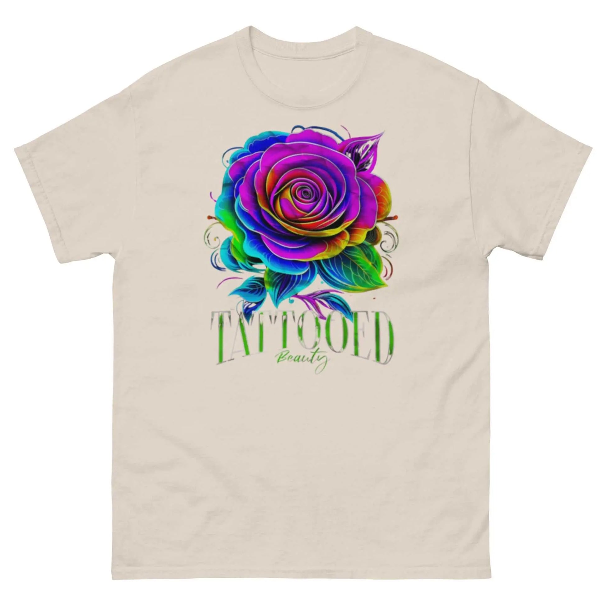 Unisex custom graphic tee with colorful rose design and "Tattooed Beauty" text, made from 100% cotton.