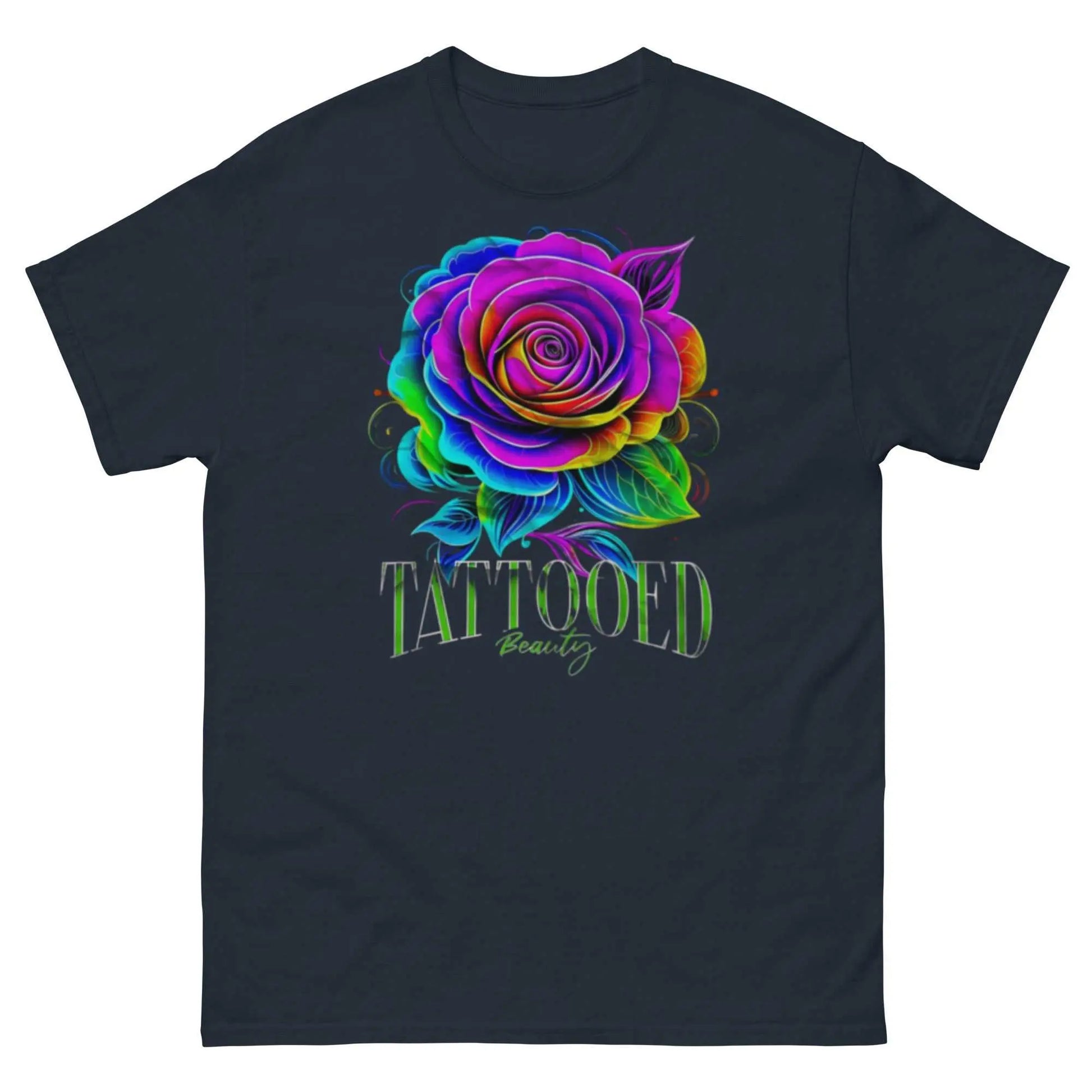 Unisex custom graphic tee with colorful rose design and "Tattooed Beauty" text.