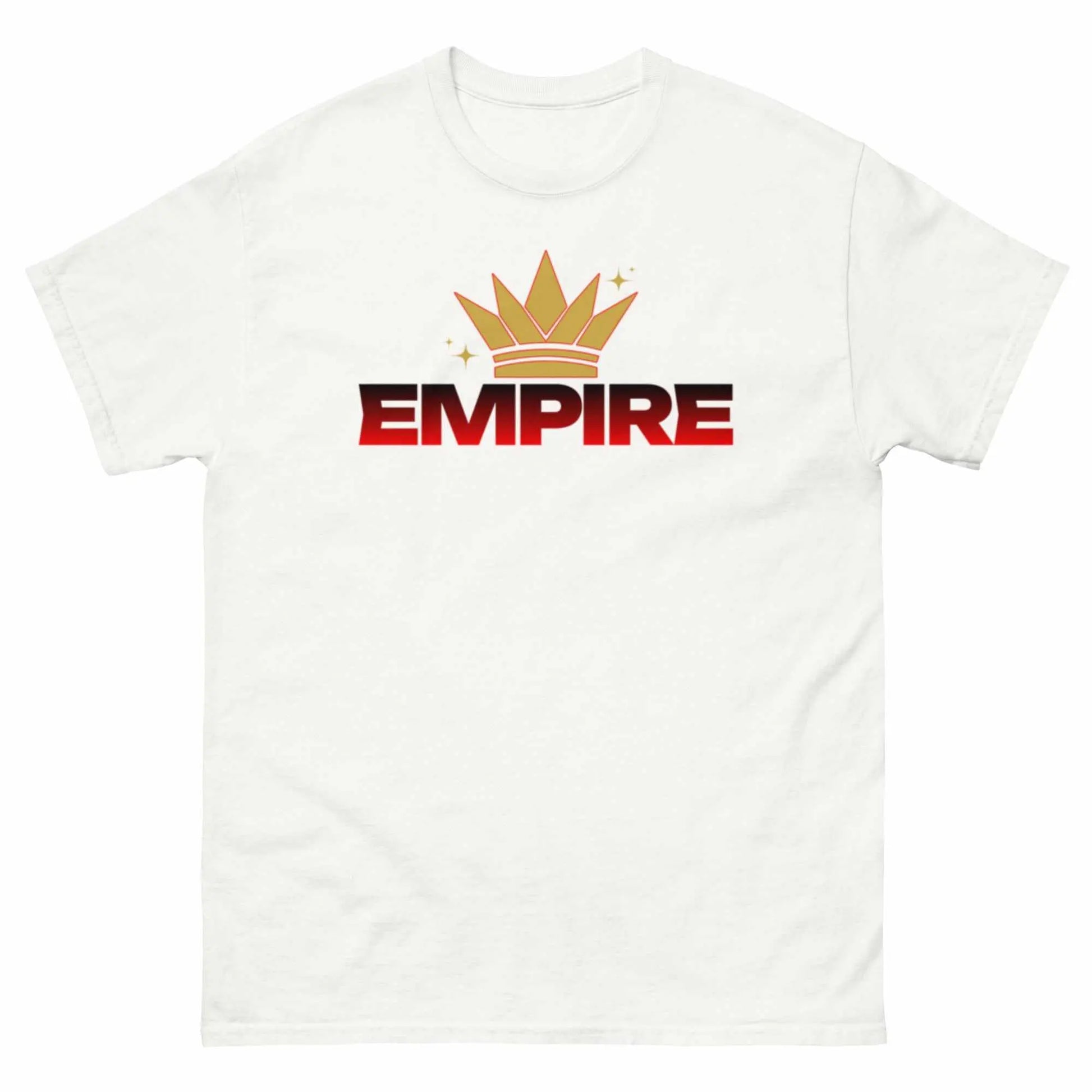 Bold stylish custom graphic tee with empire crown design on white cotton fabric.